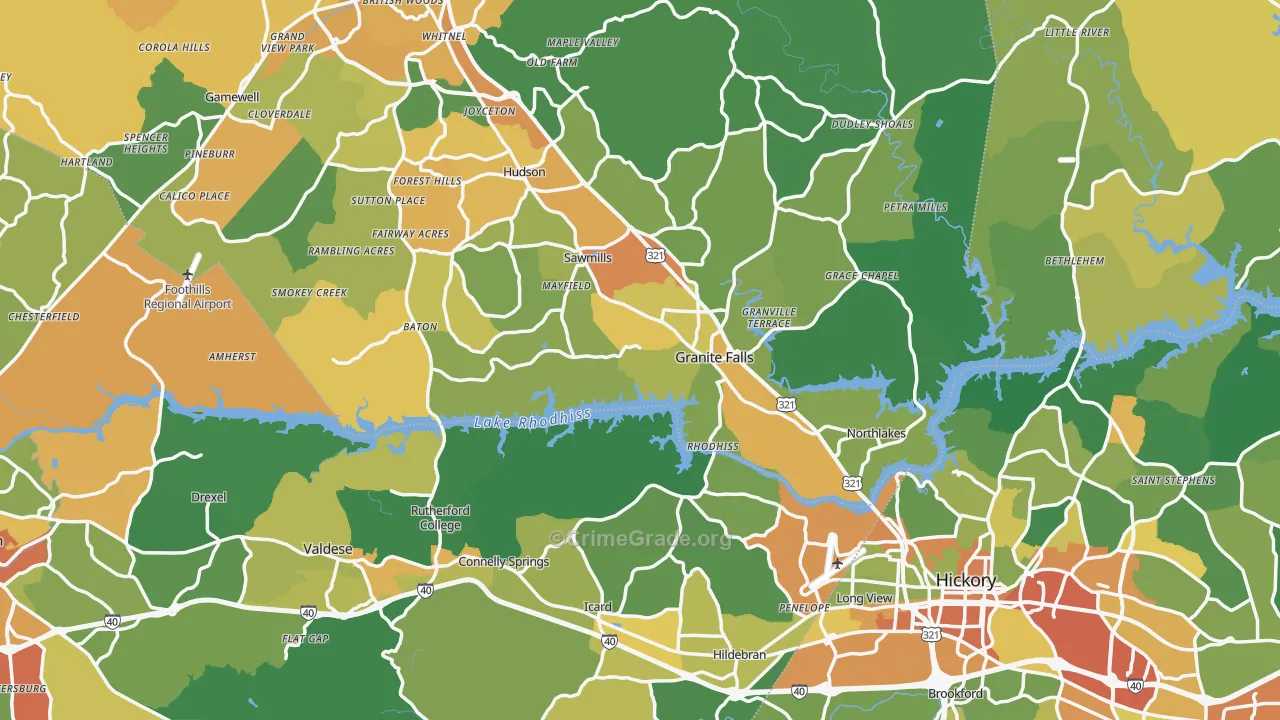 Rutherford College, NC Map of Robbery Rates