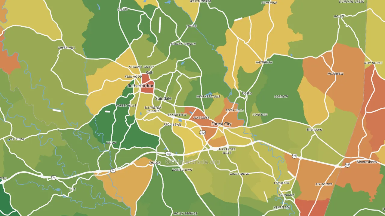 Rutherford County, NC Map of Robbery Rates