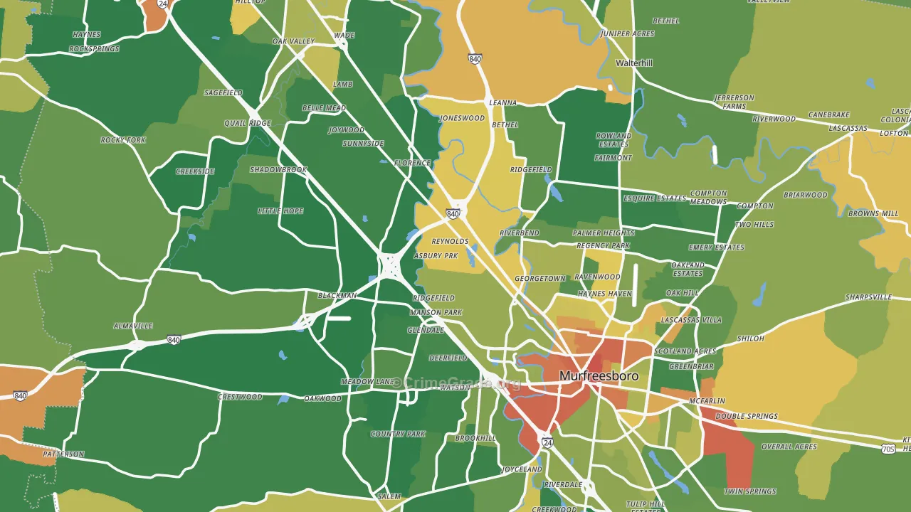 Rutherford County, TN Map of Robbery Rates