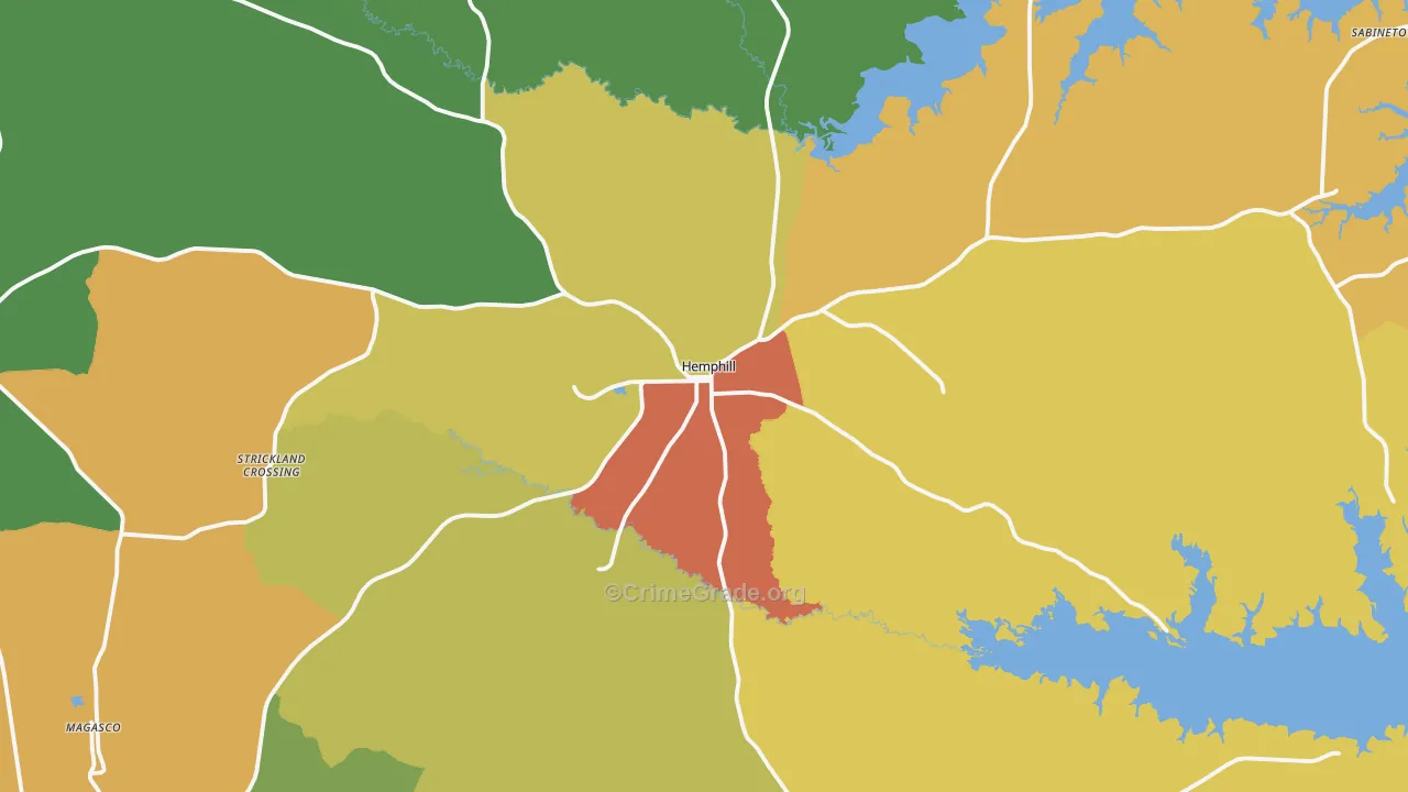 Sabine County, TX Map of Robbery Rates