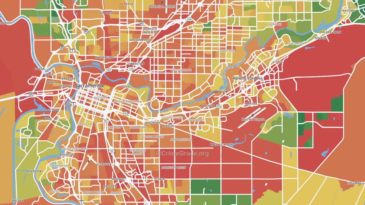 Sacramento County, CA Map of Robbery Rates