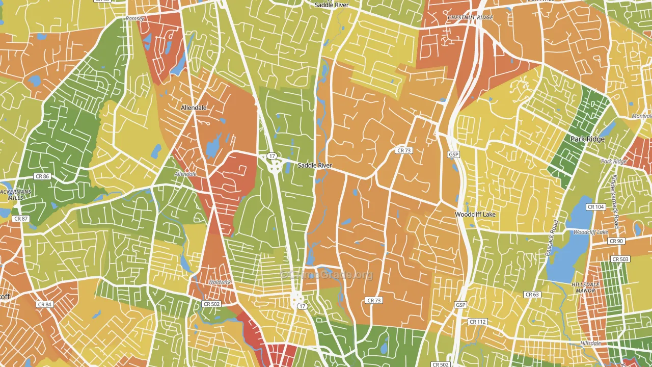 Saddle River, NJ Map of Robbery Rates