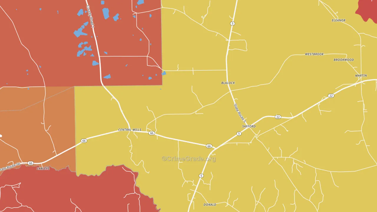 Safford, AL Map of Robbery Rates