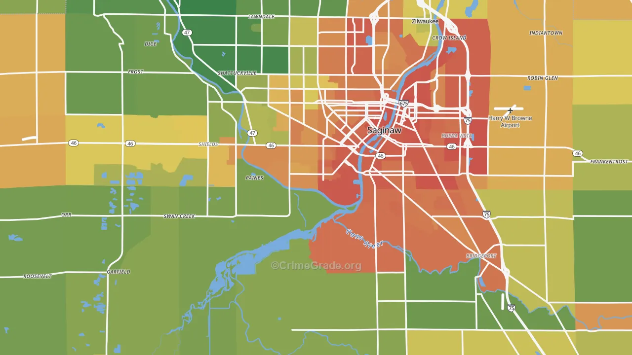 Saginaw County, MI Map of Robbery Rates