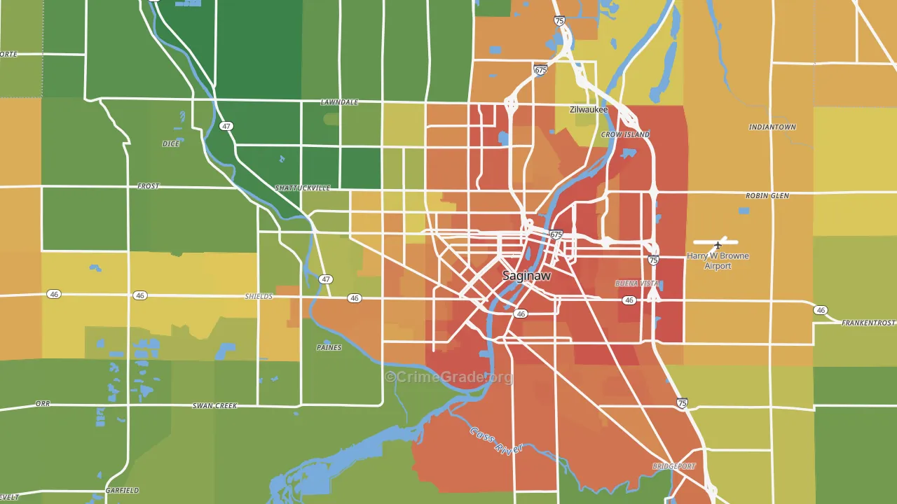 Saginaw, MI Map of Robbery Rates