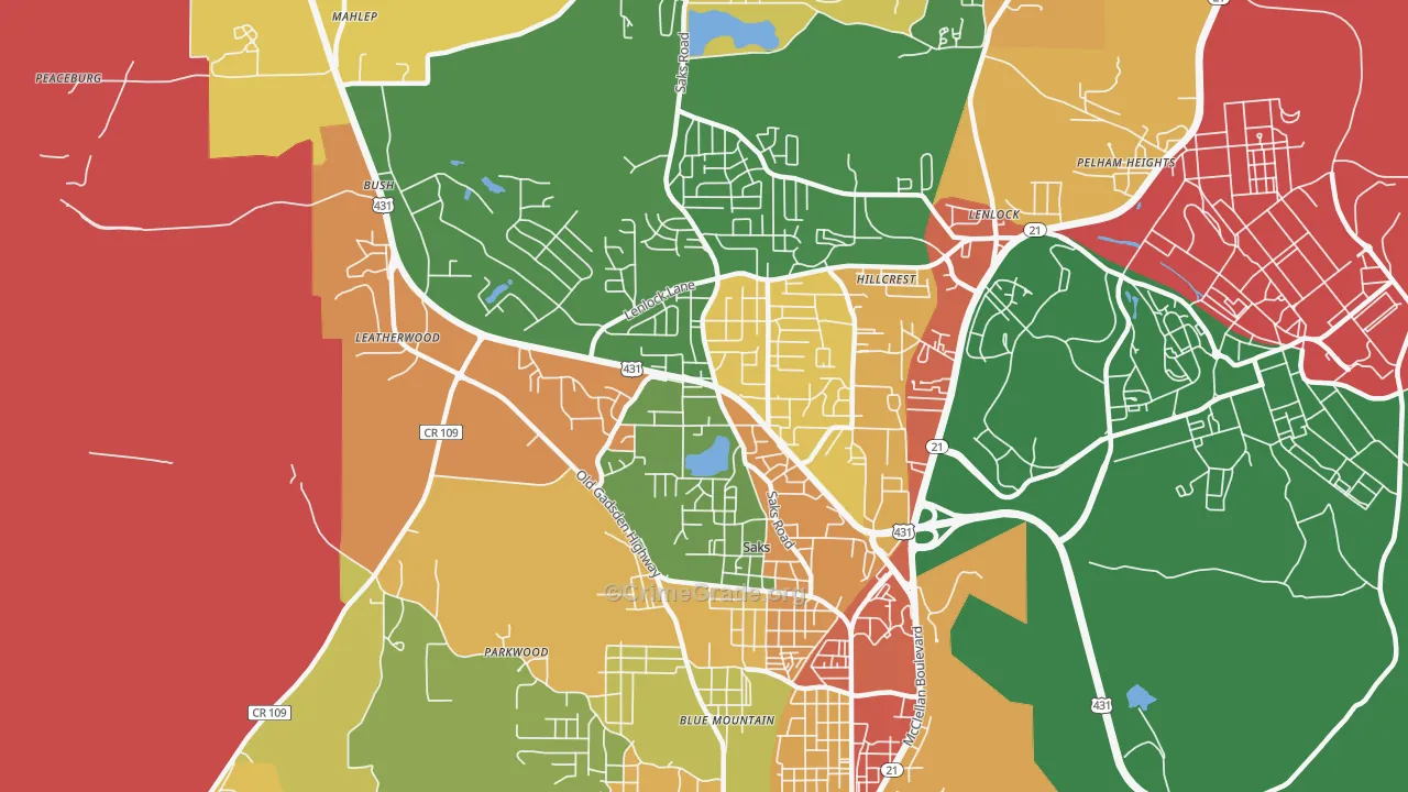 Saks, AL Map of Robbery Rates