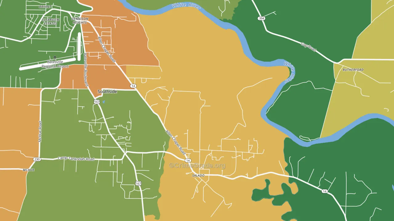 Salado, AR Map of Robbery Rates
