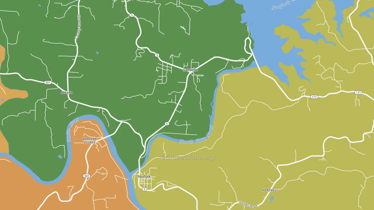Salesville, AR Map of Robbery Rates