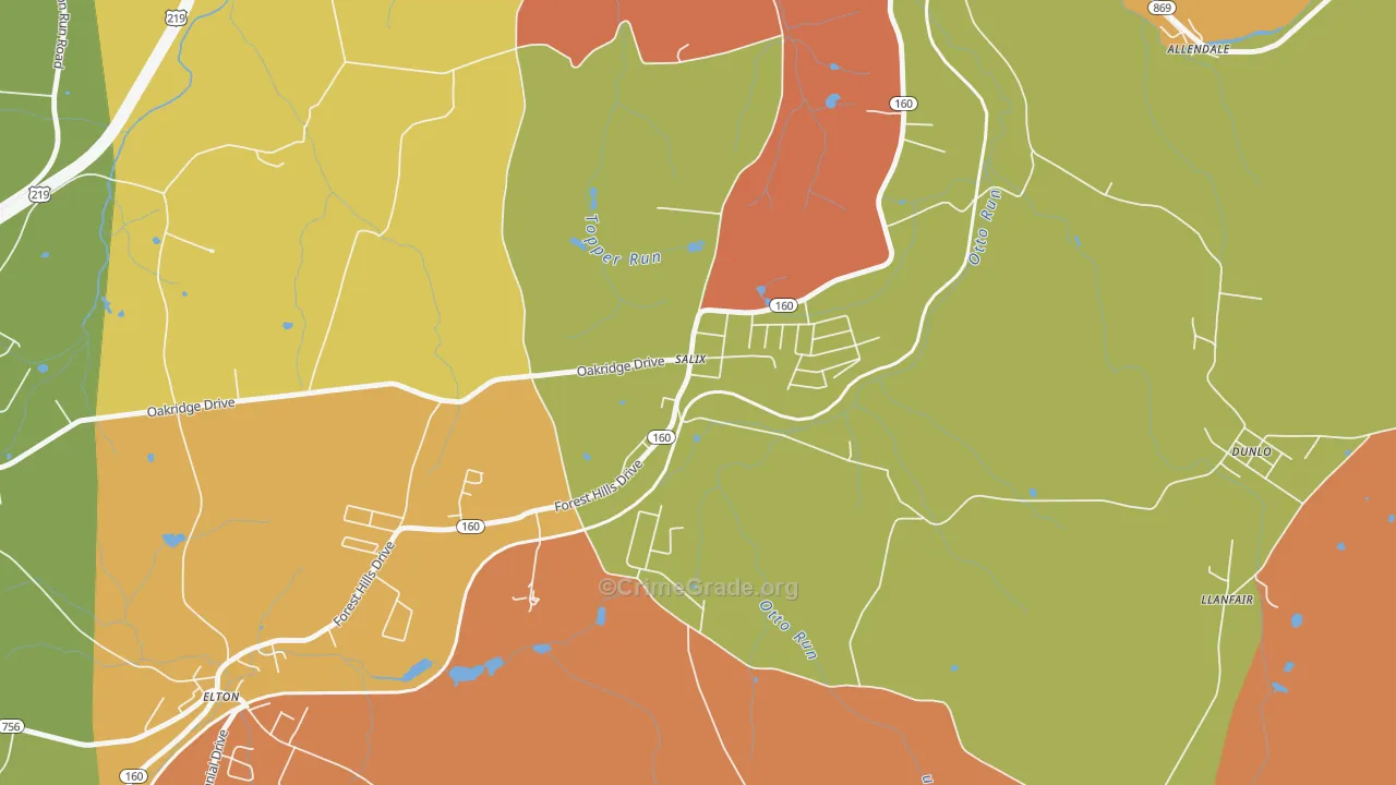 Salix, PA Map of Robbery Rates