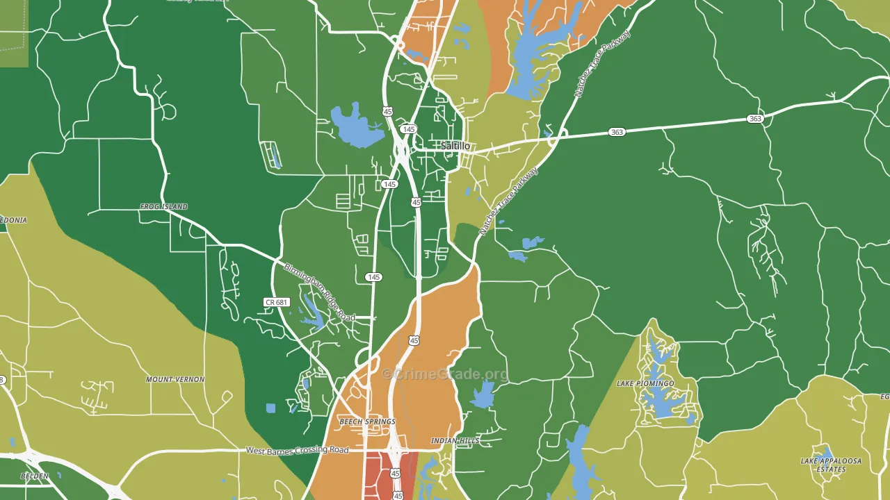 Saltillo, MS Map of Robbery Rates