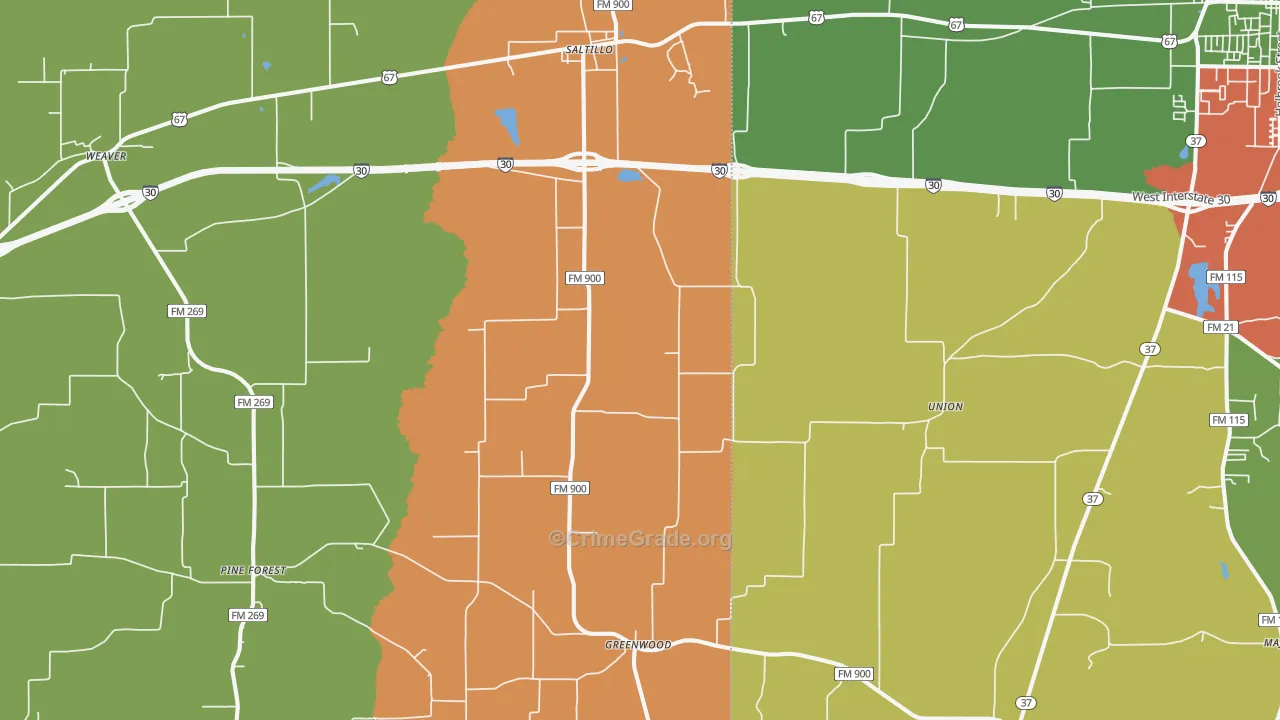 Saltillo, TX Map of Robbery Rates