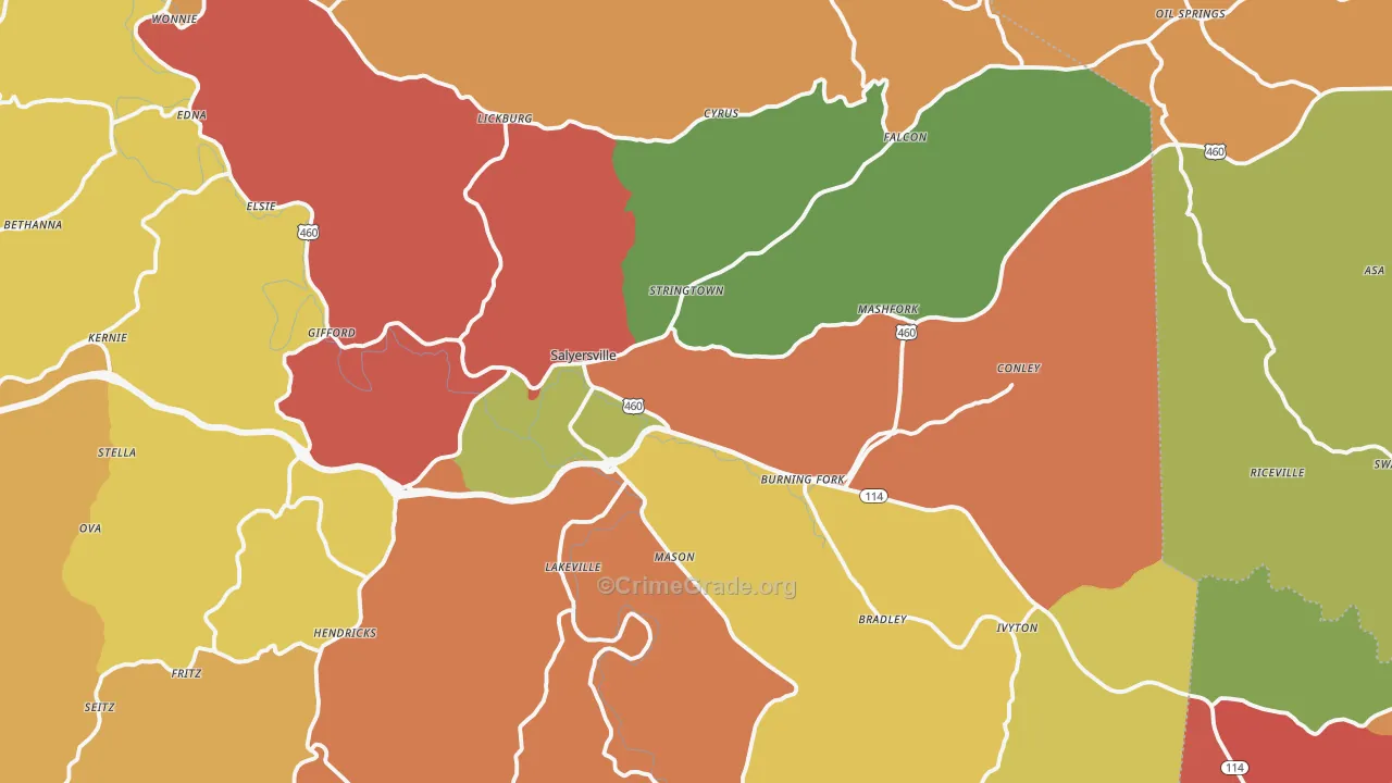 Salyersville, KY Map of Robbery Rates