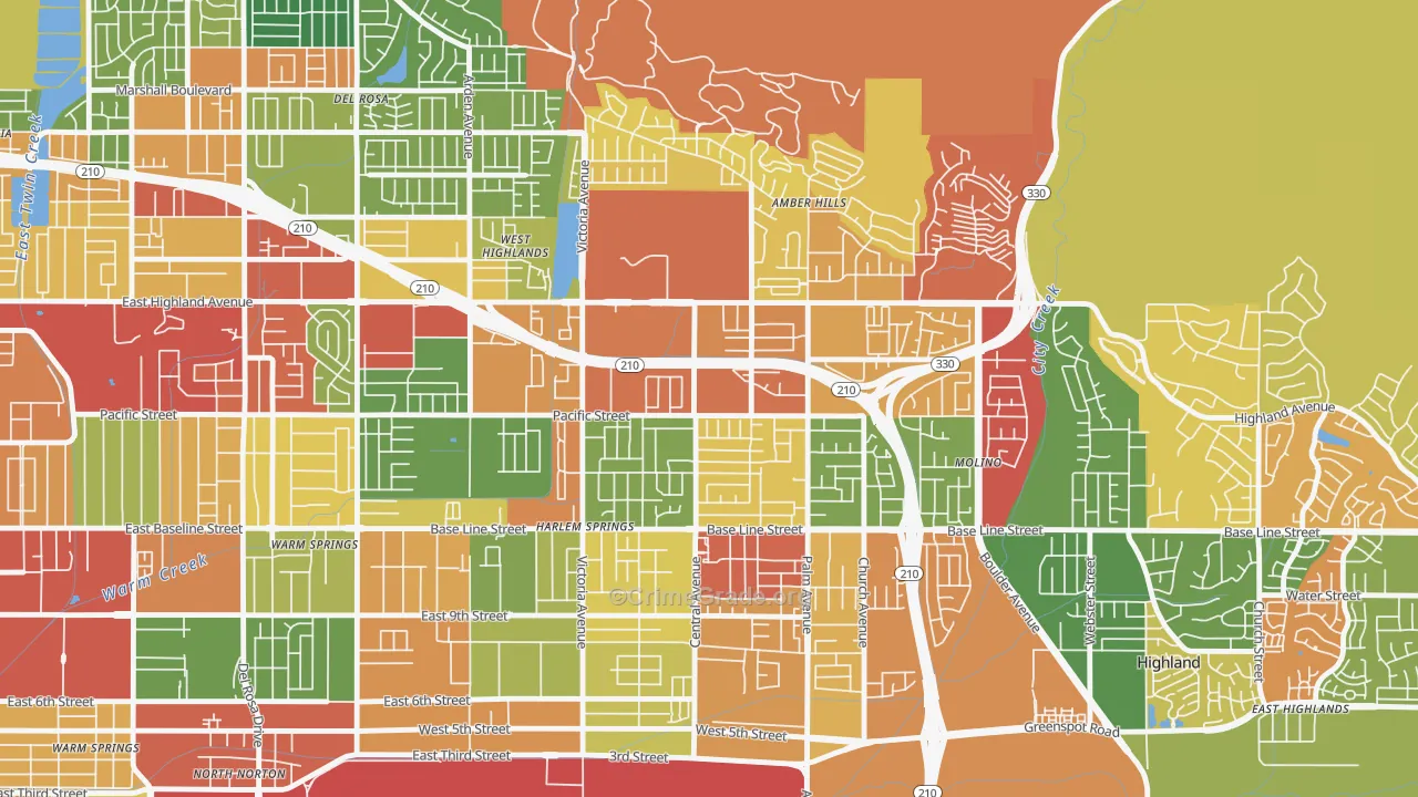 San Andreas, Highland, CA Map of Robbery Rates