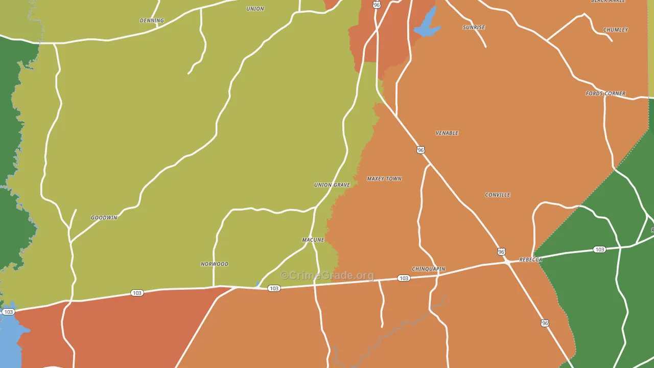 San Augustine County, TX Map of Robbery Rates