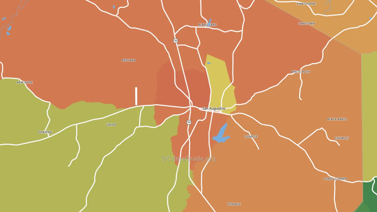 San Augustine, TX Map of Robbery Rates