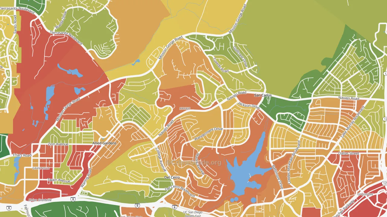San Carlos, San Diego, CA Map of Robbery Rates