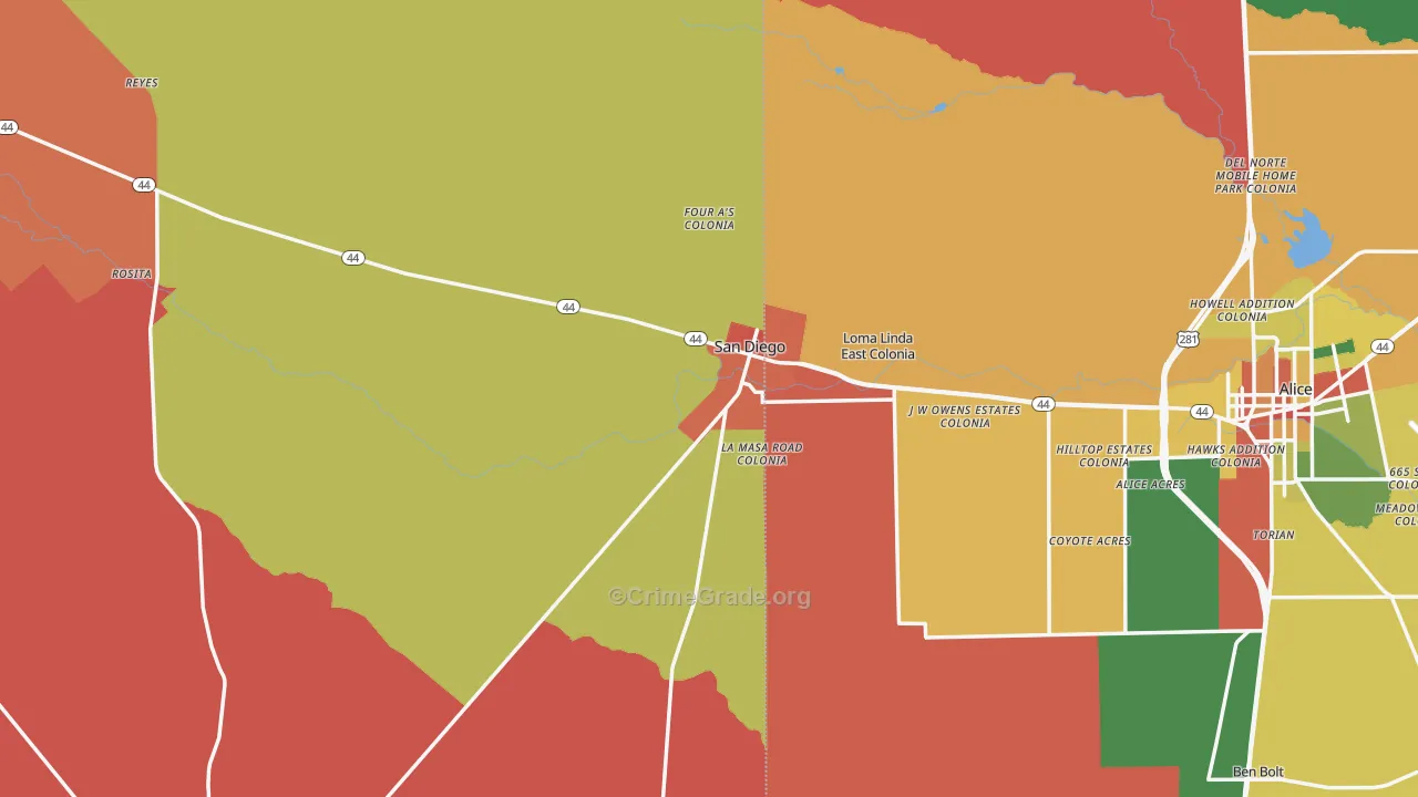San Diego, TX Map of Robbery Rates