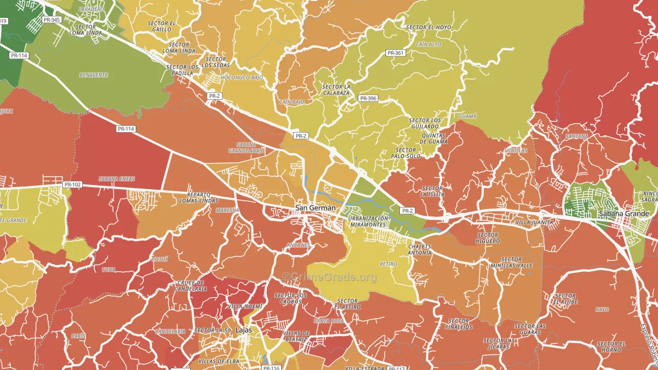 San German, PR Map of Robbery Rates