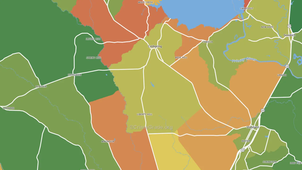 San Jacinto County, TX Map of Robbery Rates