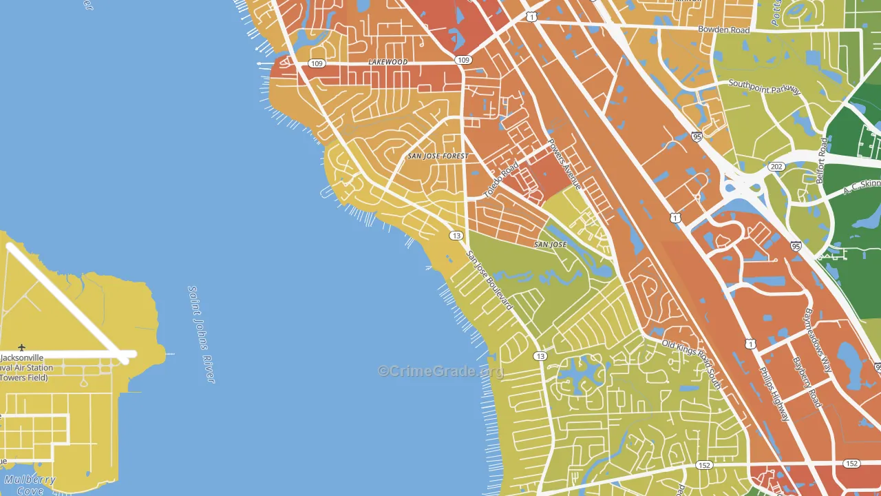 San Jose Forest, Jacksonville, FL Map of Robbery Rates