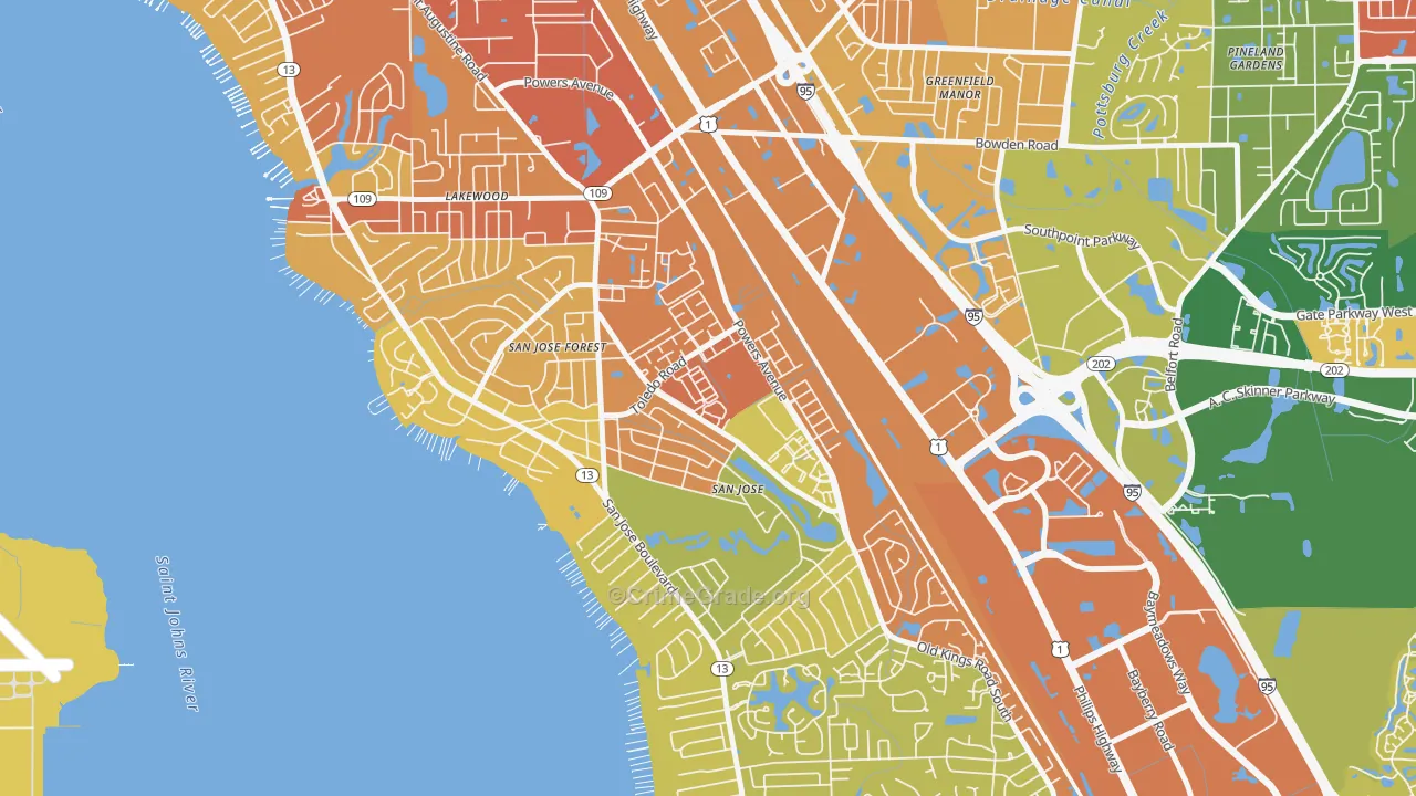 San Jose, Jacksonville, FL Map of Robbery Rates