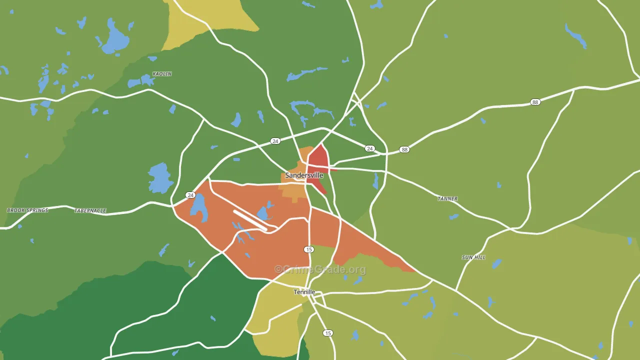 Sandersville, GA Map of Robbery Rates