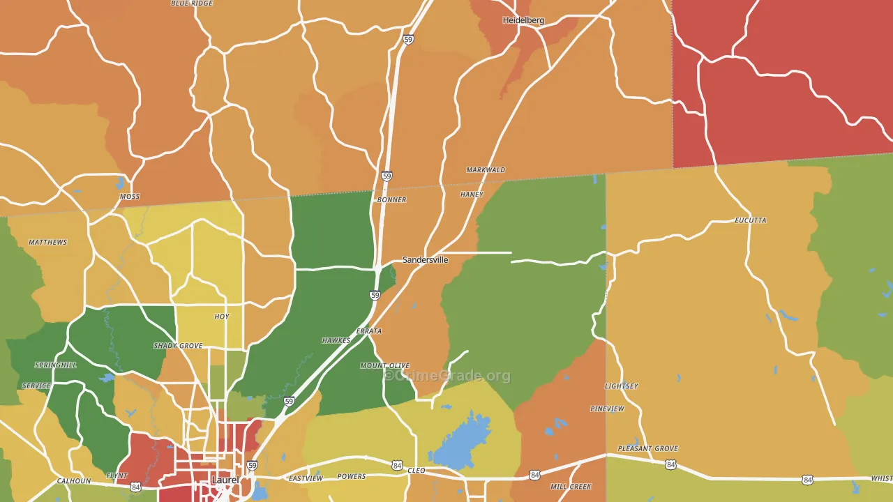 Sandersville, MS Map of Robbery Rates