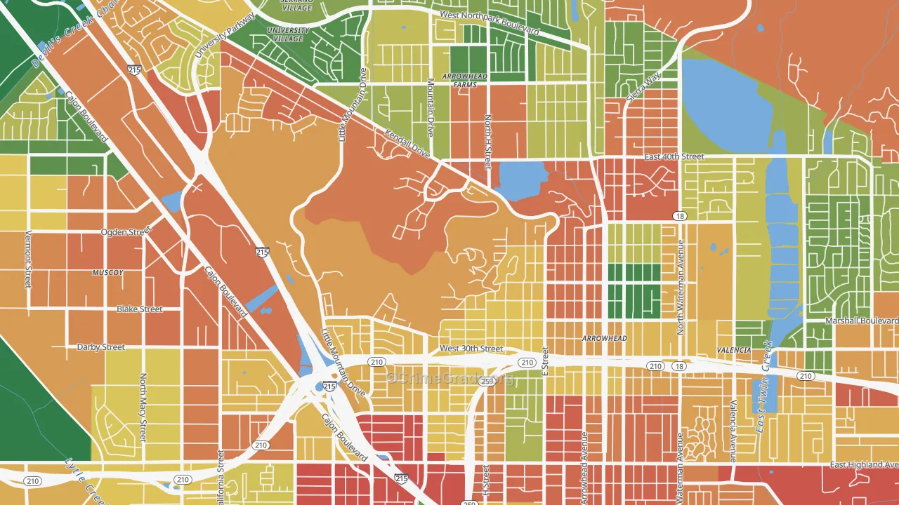 Sandin Hills, San Bernardino, CA Map of Robbery Rates