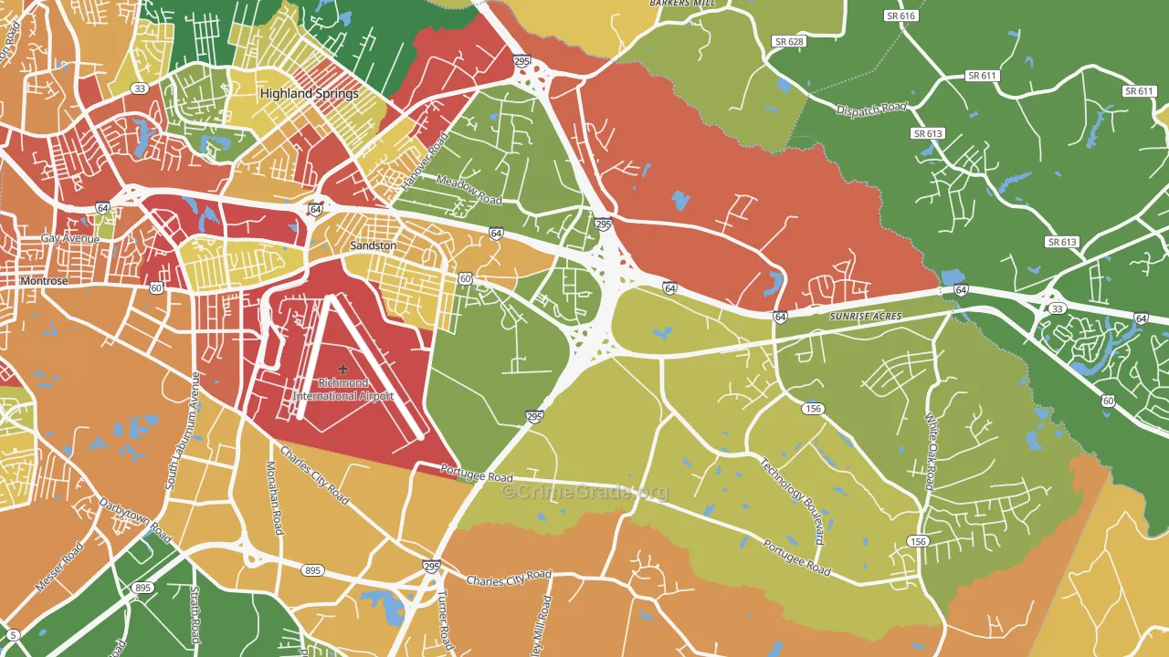 Sandston, VA Map of Robbery Rates