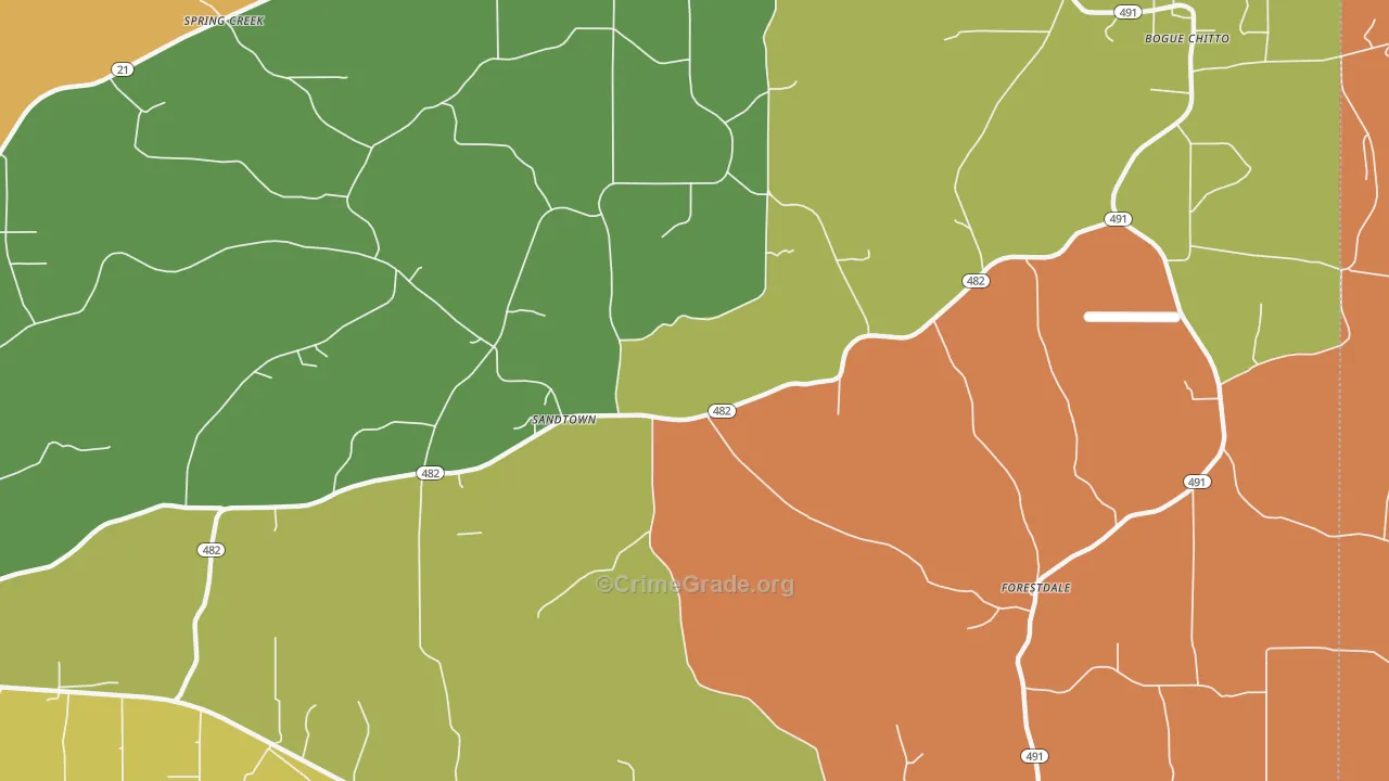 Sandtown, MS Map of Robbery Rates