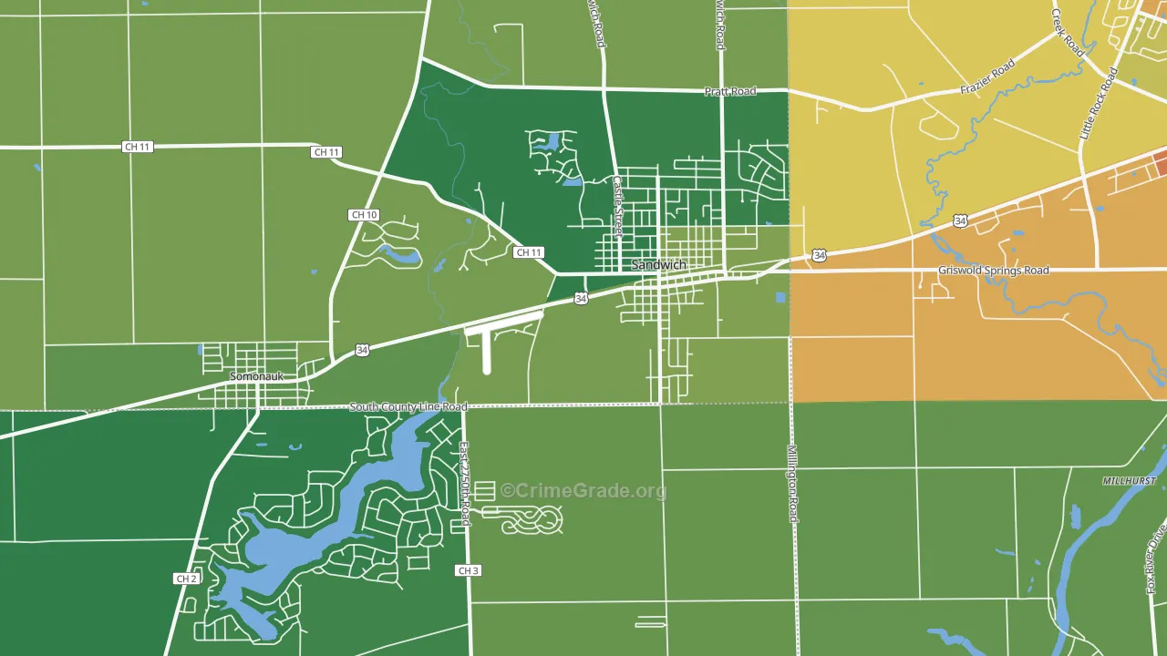 Sandwich, IL Map of Robbery Rates