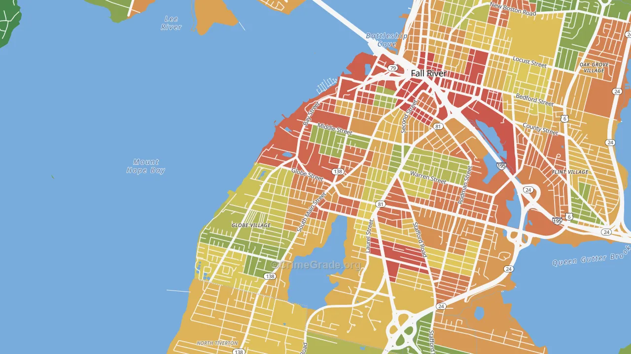 Sandy Beach, Fall River, MA Map of Robbery Rates