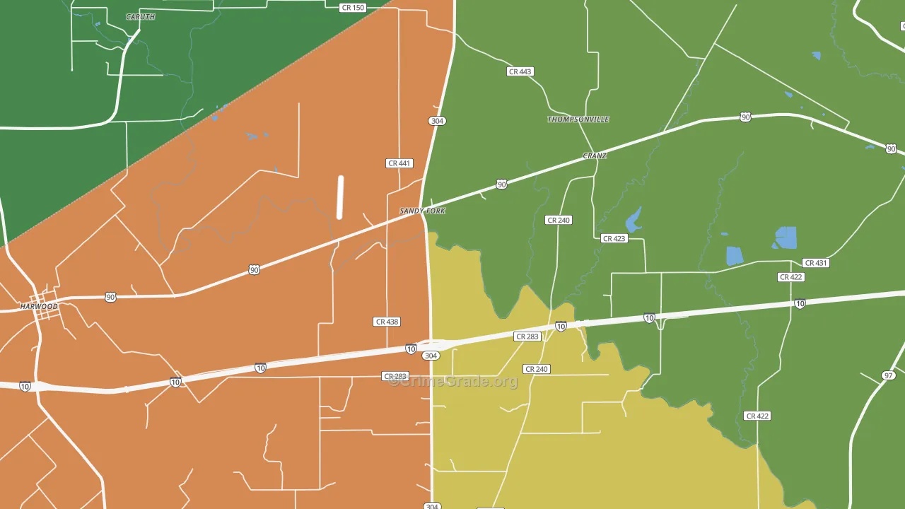 Sandy Fork, TX Map of Robbery Rates