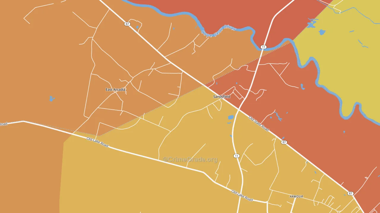 Sandyfield, NC Map of Robbery Rates