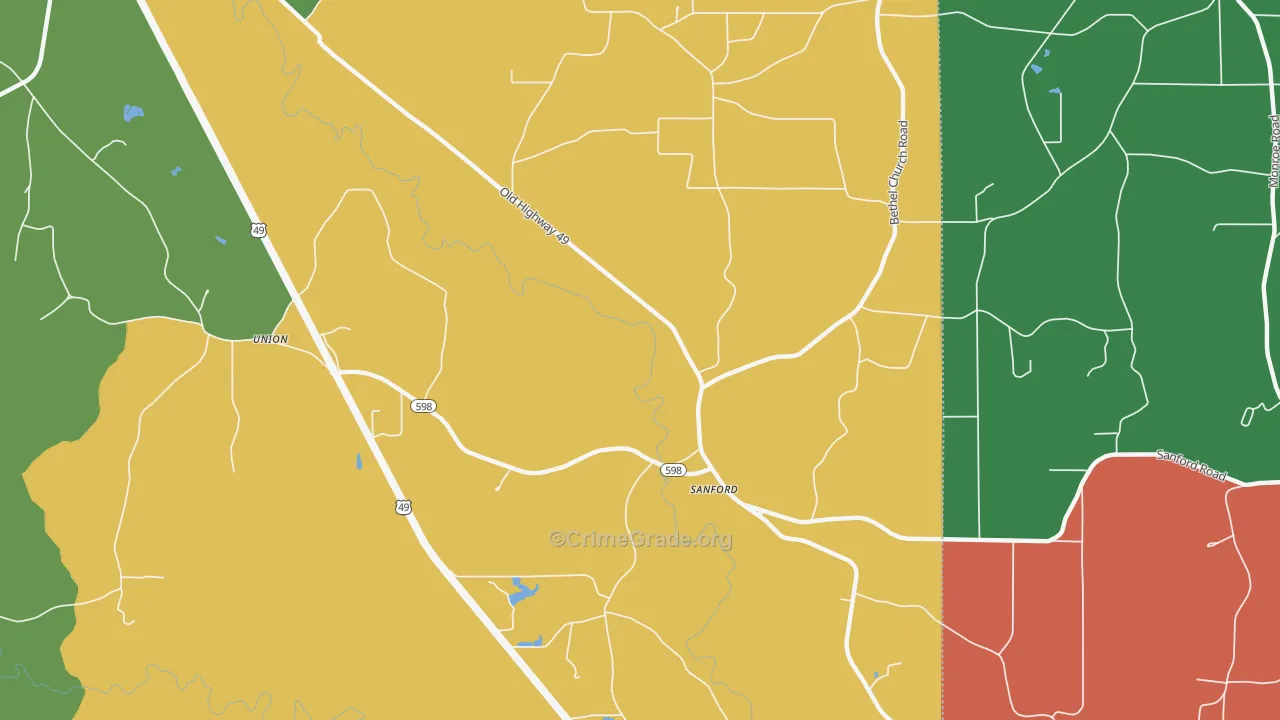 Sanford, MS Map of Robbery Rates