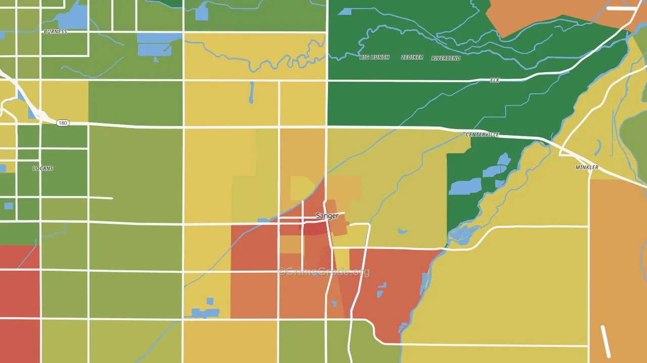 Sanger, CA Map of Robbery Rates