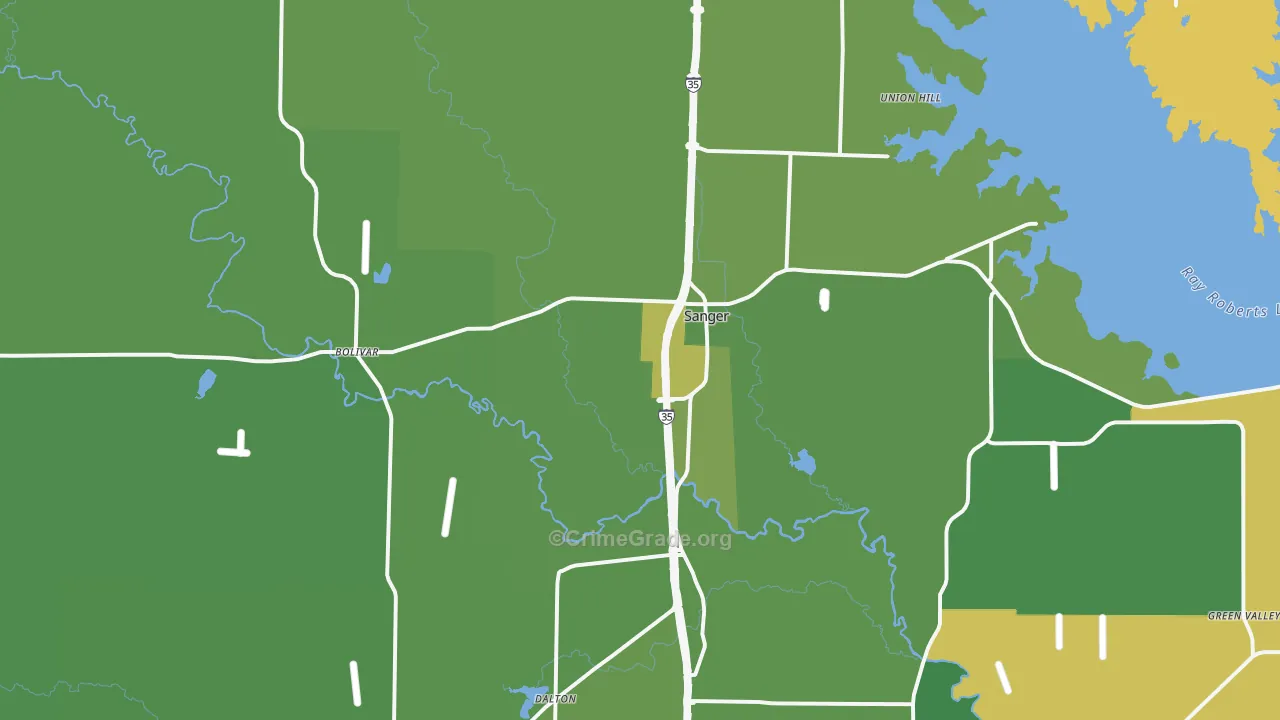 Sanger, TX Map of Robbery Rates