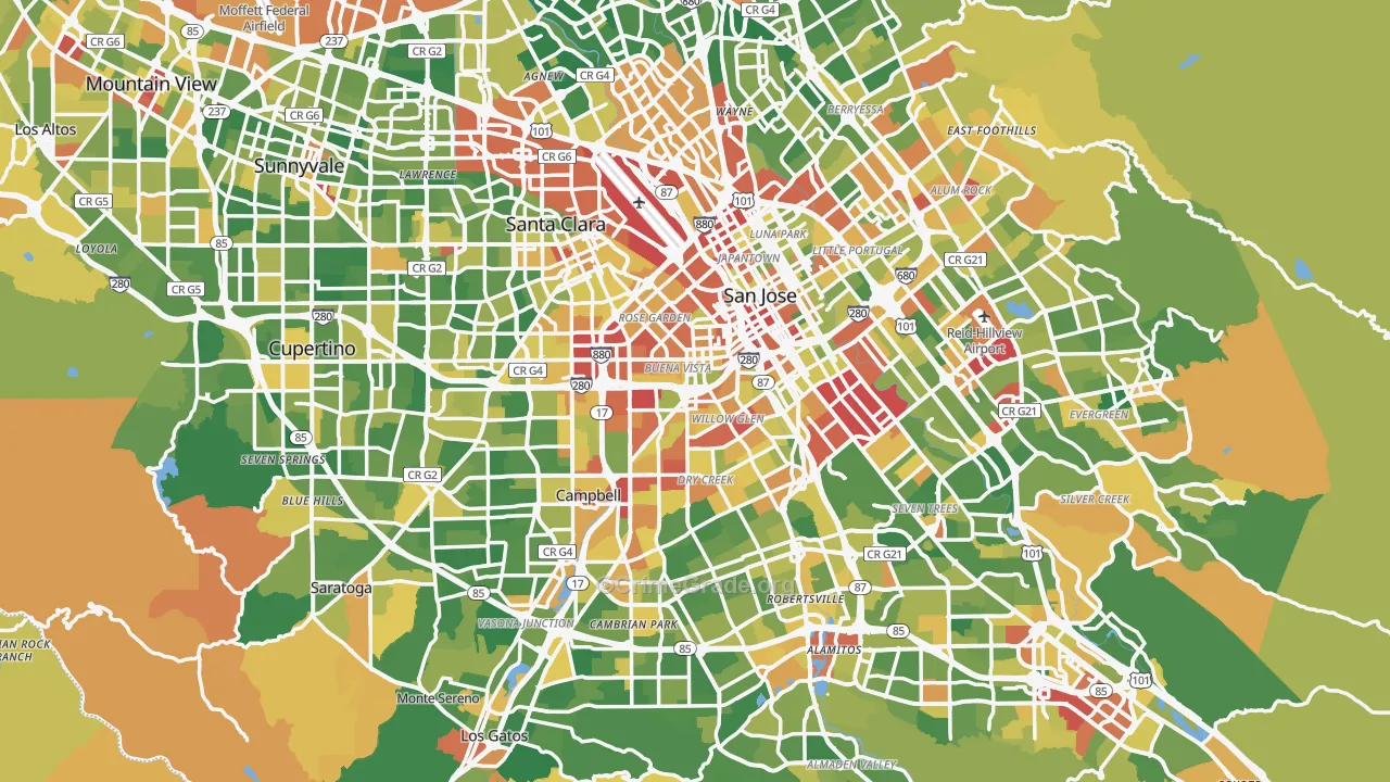 Santa Clara County, CA Map of Robbery Rates