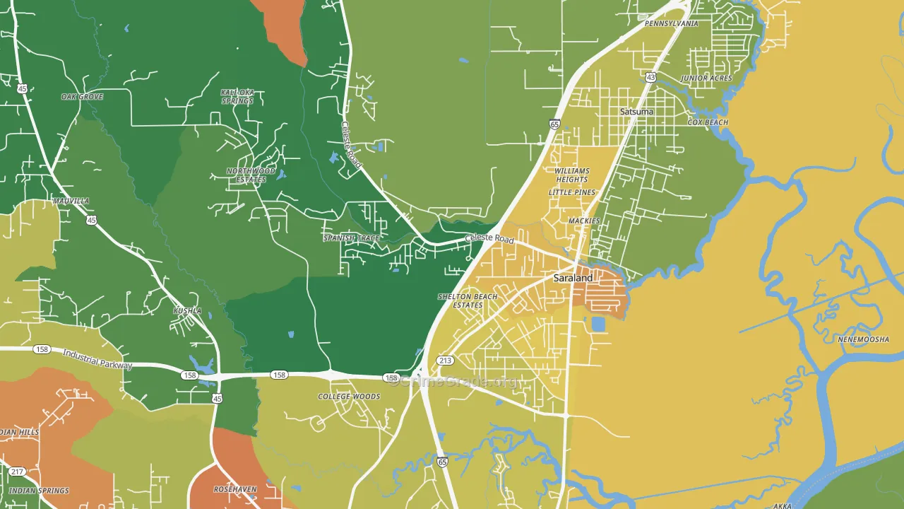 Saraland, AL Map of Robbery Rates