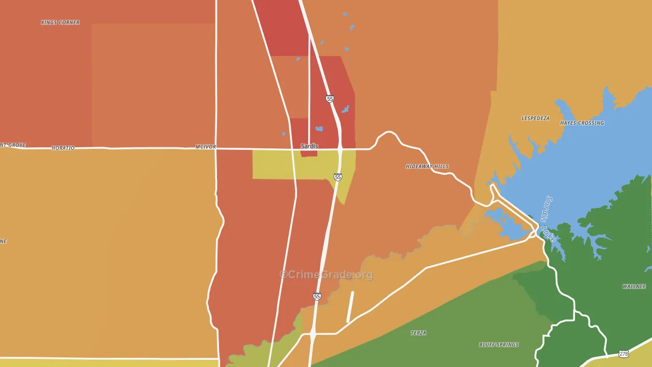 Sardis, MS Map of Robbery Rates