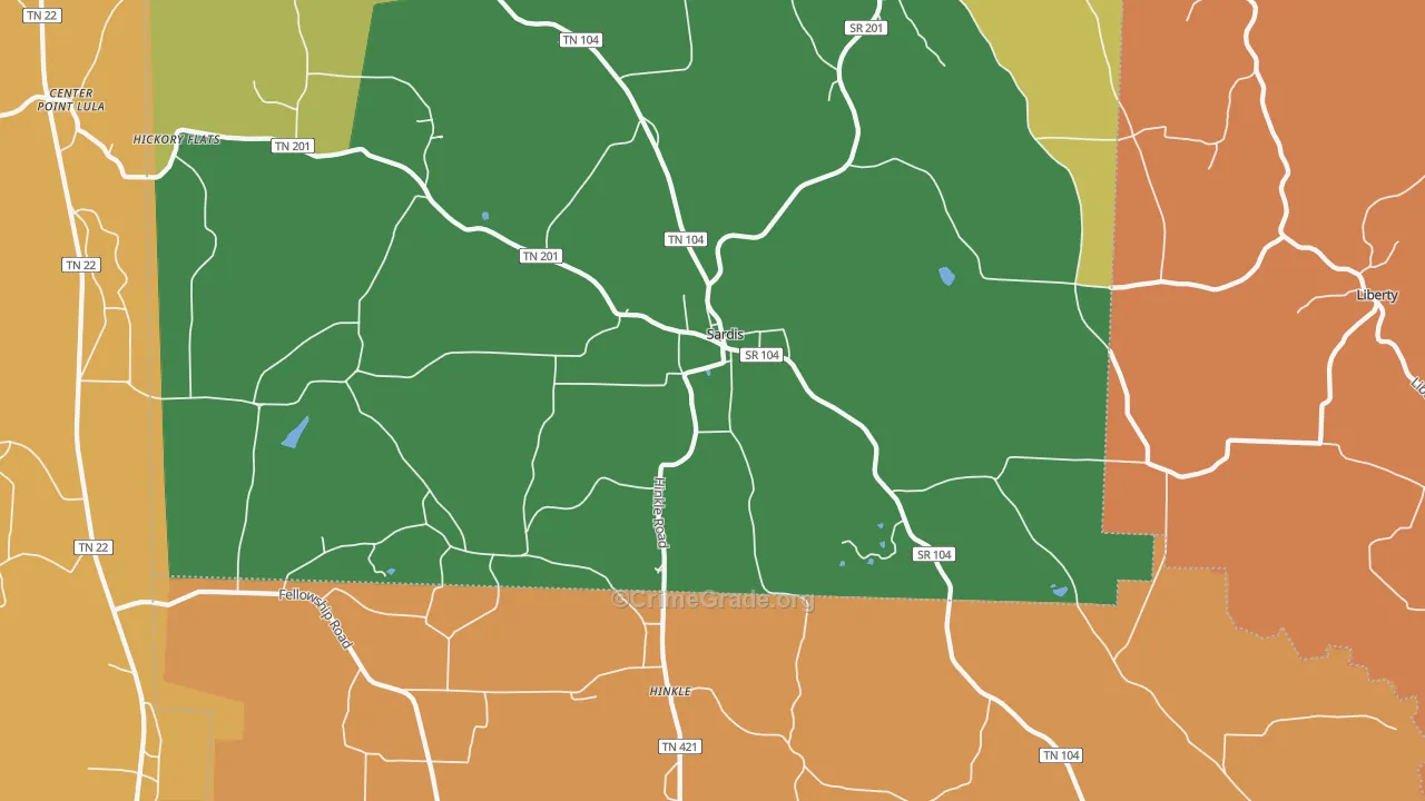 Sardis, TN Map of Robbery Rates
