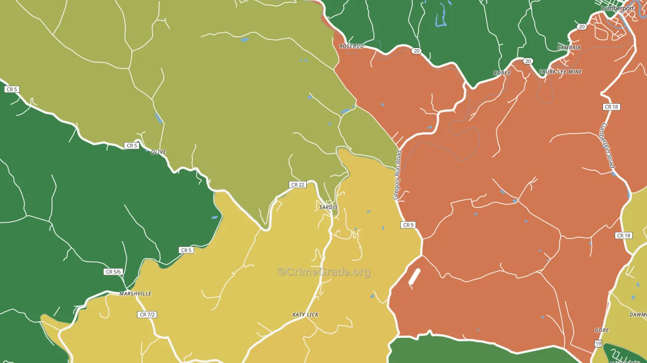 Sardis, WV Map of Robbery Rates