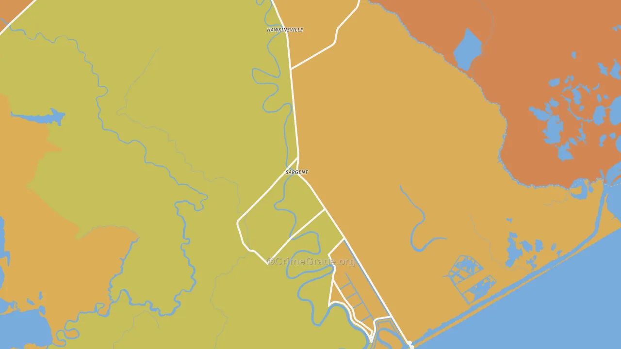 Sargent, TX Map of Robbery Rates