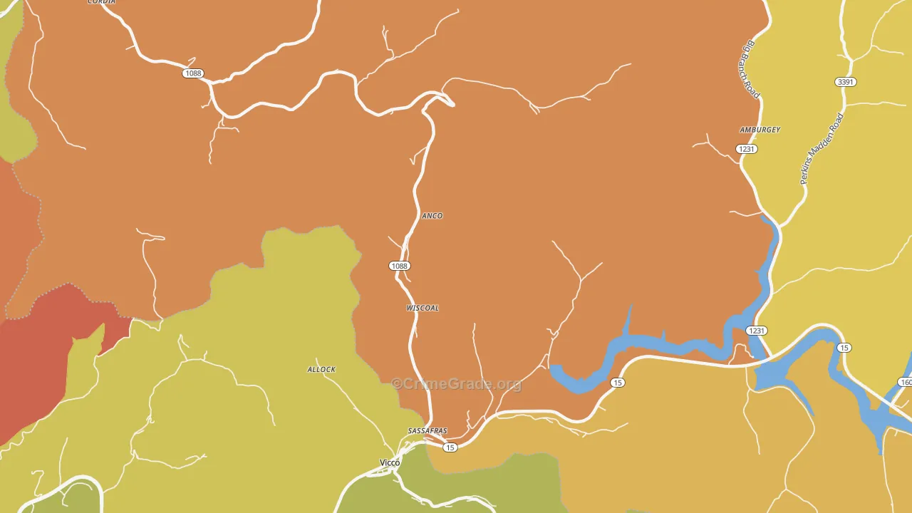 Sassafras, KY Map of Robbery Rates
