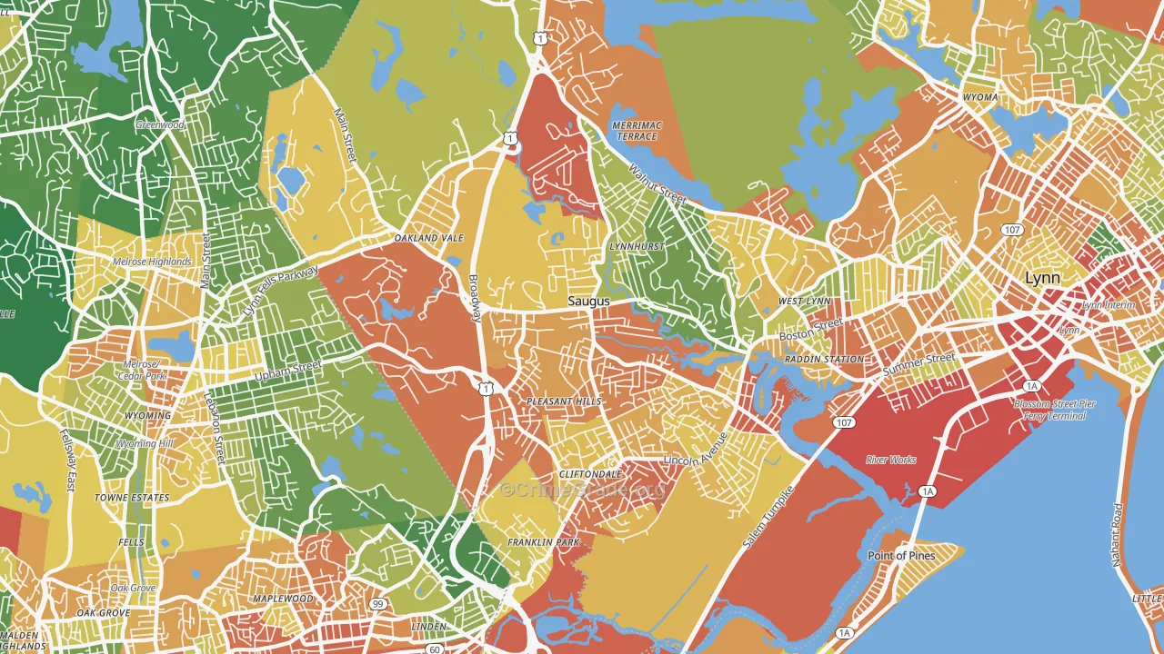 Saugus, MA Map of Robbery Rates