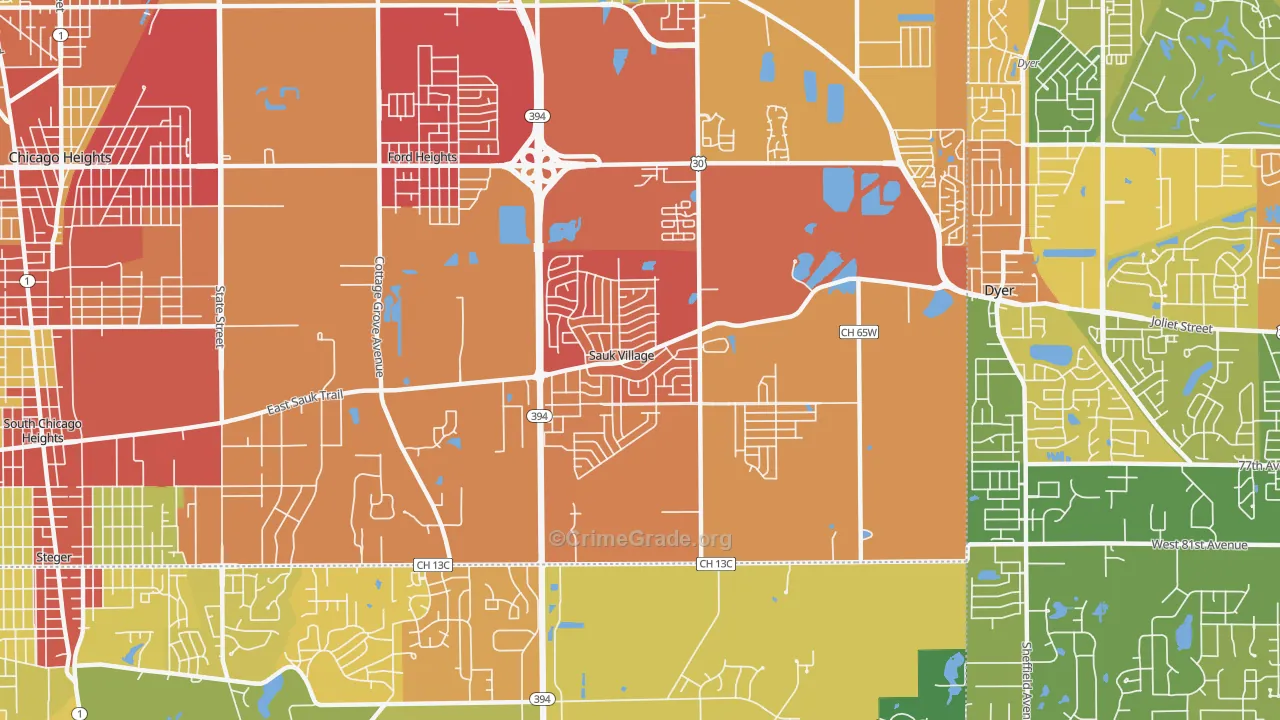 Sauk Village, IL Map of Robbery Rates