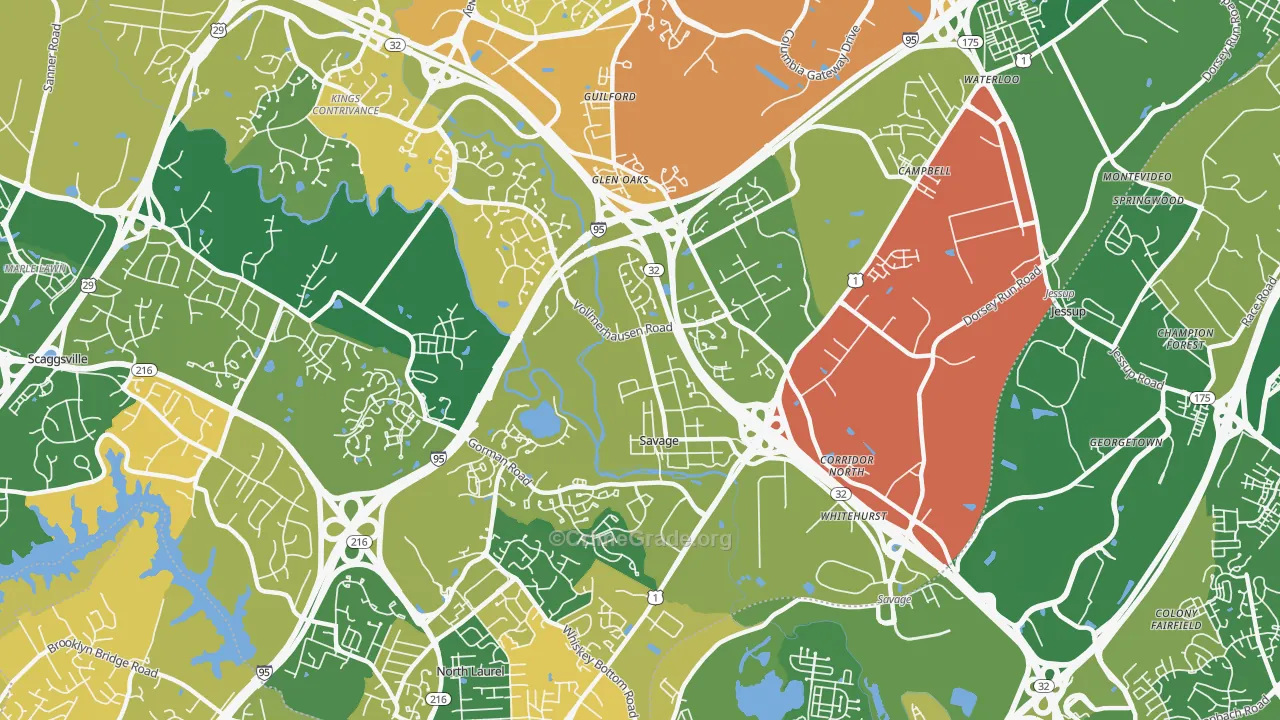 Savage-Guilford, Laurel, MD Map of Robbery Rates
