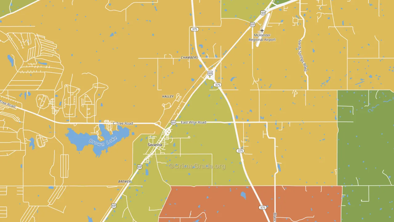 Savanna, OK Map of Robbery Rates
