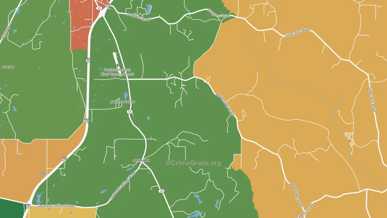 Savannah, MS Map of Robbery Rates