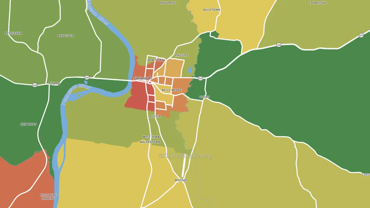 Savannah, TN Map of Robbery Rates